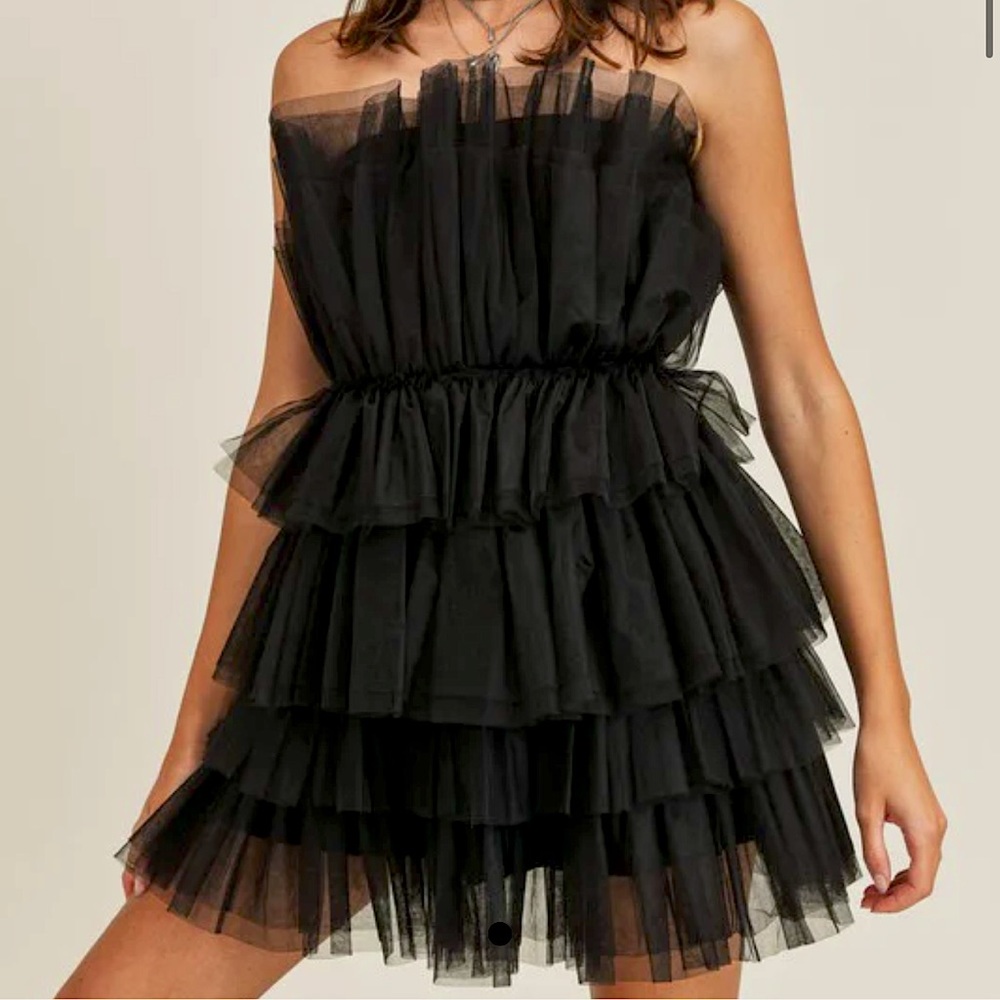 ELEGANT BLACK STRAPLESS RUFFLE TULLE MINI DRESS
